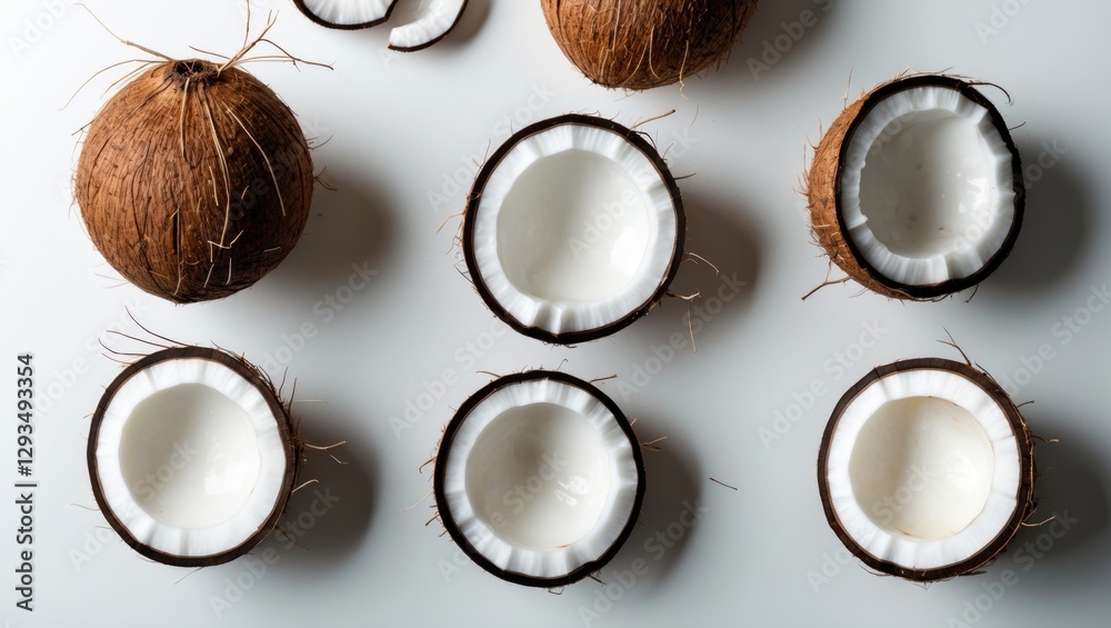 Poster Fresh whole and half coconuts with slices arranged on a white background showcasing texture and details perfect for culinary or tropical themes