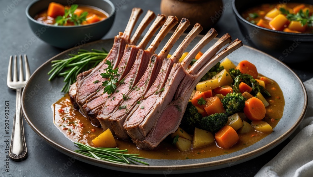 Poster elegant rack of lamb garnished with herbs served alongside colorful vegetable stew and rich sauce on