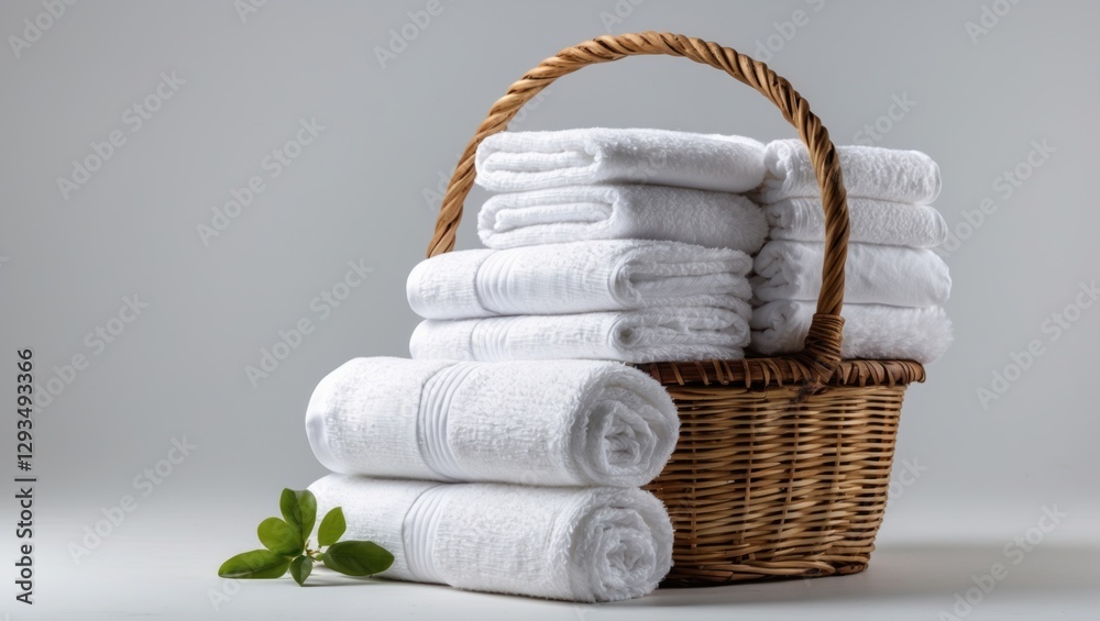 Aufkleber Stacked white spa towels in a wicker basket with green leaves isolated on a soft gray background for a clean and serene aesthetic.