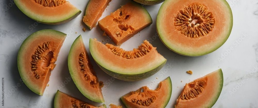 Poster sliced canteloupe melon pieces on white background with copy space for text fresh fruits and healthy