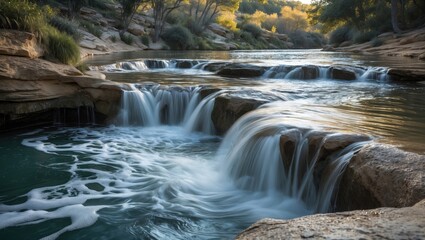 Serene waterfall cascading into a natural pool surrounded by lush greenery and rocky terrain under soft sunlight.