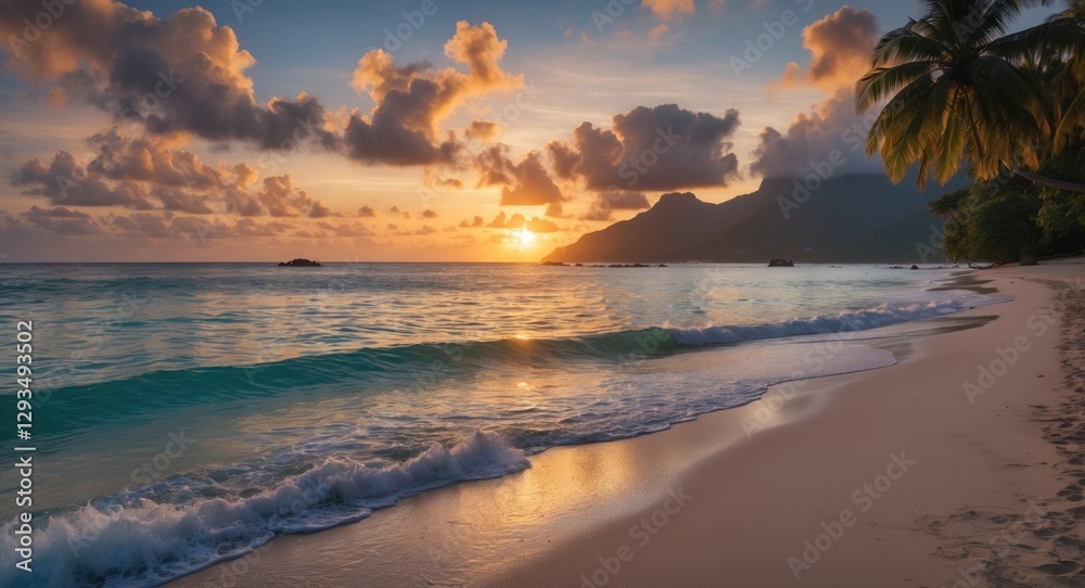 Poster seychelles tropical beach sunset with gentle waves and palm trees in a serene nature setting