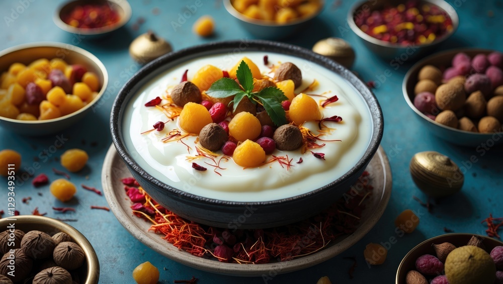 Poster delicious shrikhand dessert with saffron and dry fruits on blue background ideal for text overlay an