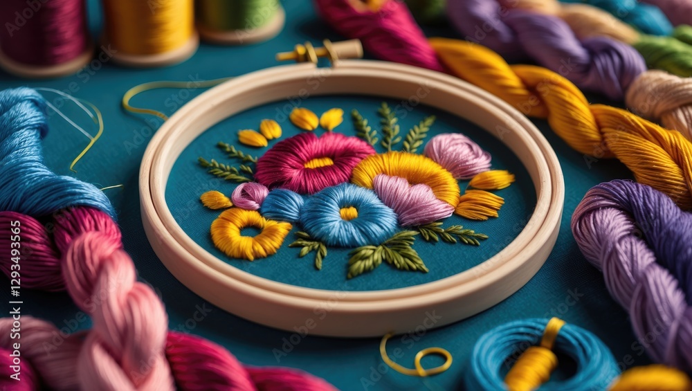 Aufkleber embroidery setup with vibrant threads and hoop showcasing intricate floral design on teal fabric, id