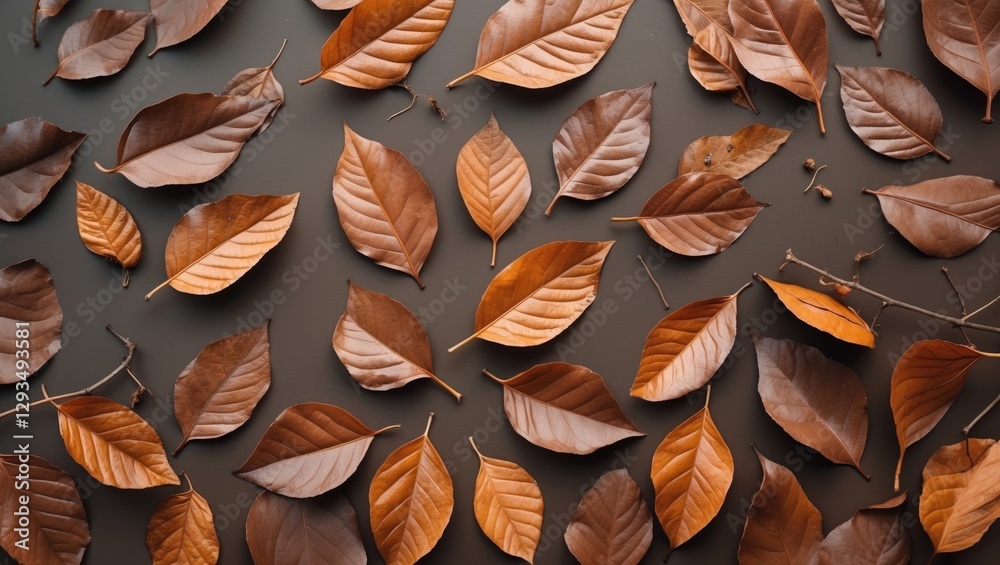 Aufkleber Autumnal composition of various brown leaves on a dark background creating a warm and textured natural backdrop for design purposes.