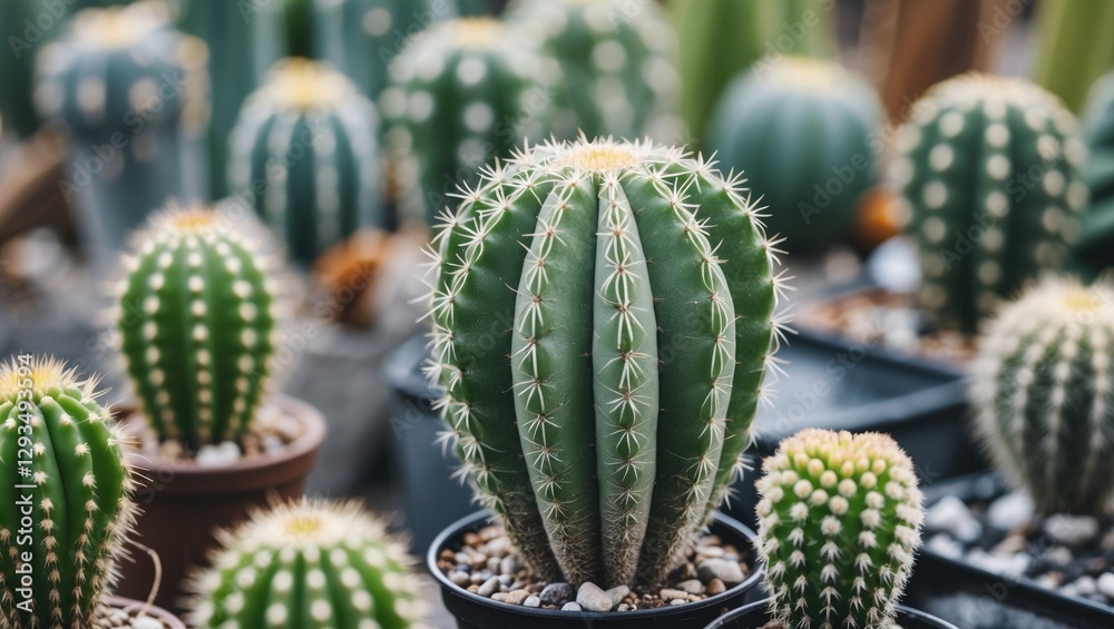Poster Lush green cactus surrounded by various other cacti in pots with ample space for text or messaging, ideal for botanical themes or nature design.