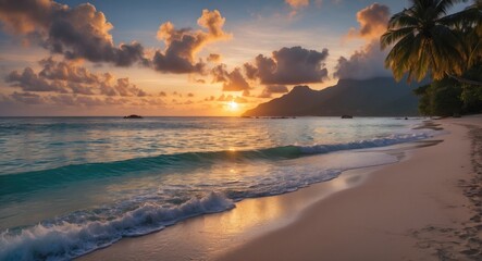 Seychelles Tropical Beach Sunset with Gentle Waves and Palm Trees in a Serene Nature Setting