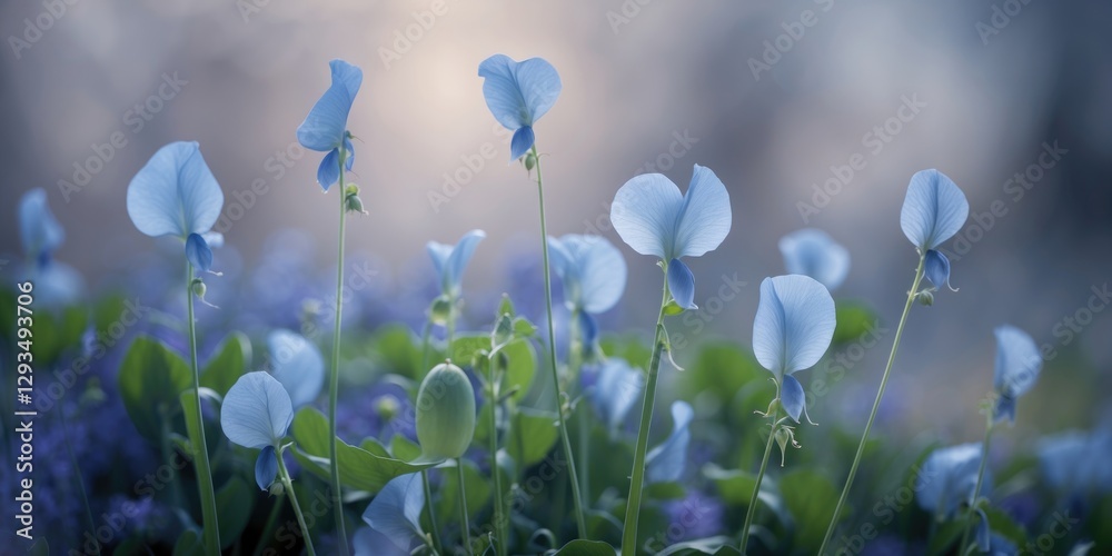 Poster delicate blue pea flowers in soft focus with beautiful natural background and space for text overlay