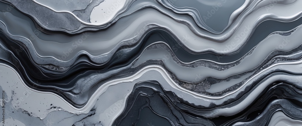 Poster Fluid abstract background featuring gray and silver colors with wavy patterns and marble-like textures in an elegant acrylic artwork design.