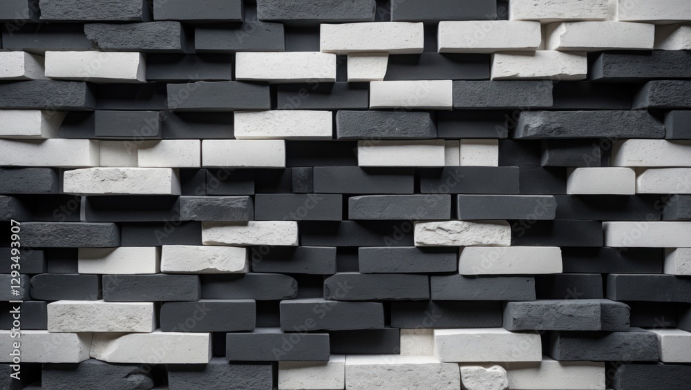 Poster Captivating arrangement of black white and gray bricks creating a visually striking textured wall perfect for modern design concepts.