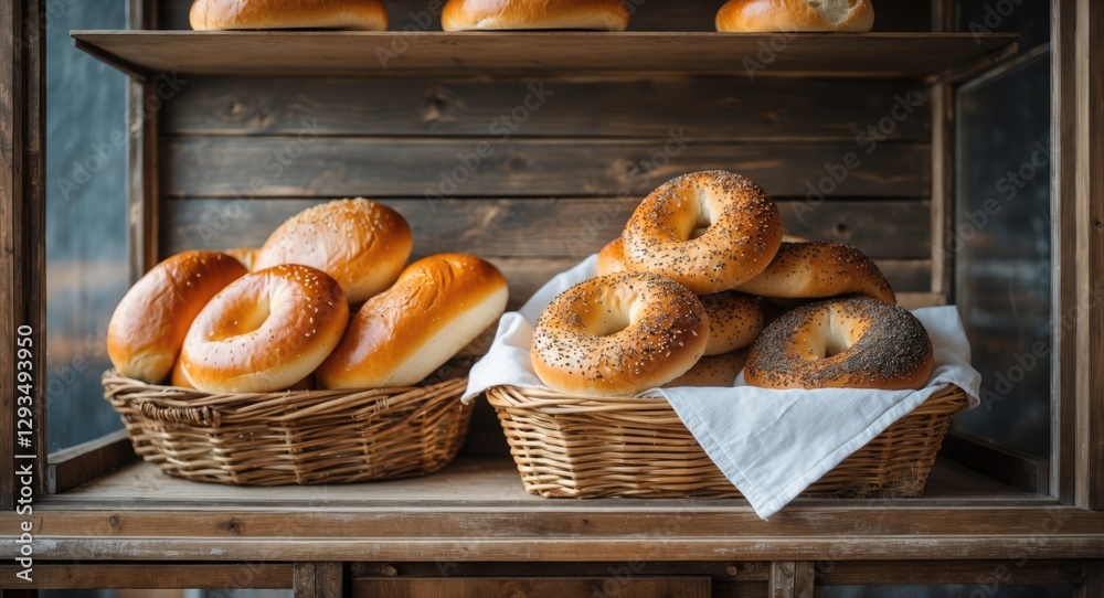 Poster rustic wooden display featuring fresh bread and bagels in baskets with room for text overlay ideal f