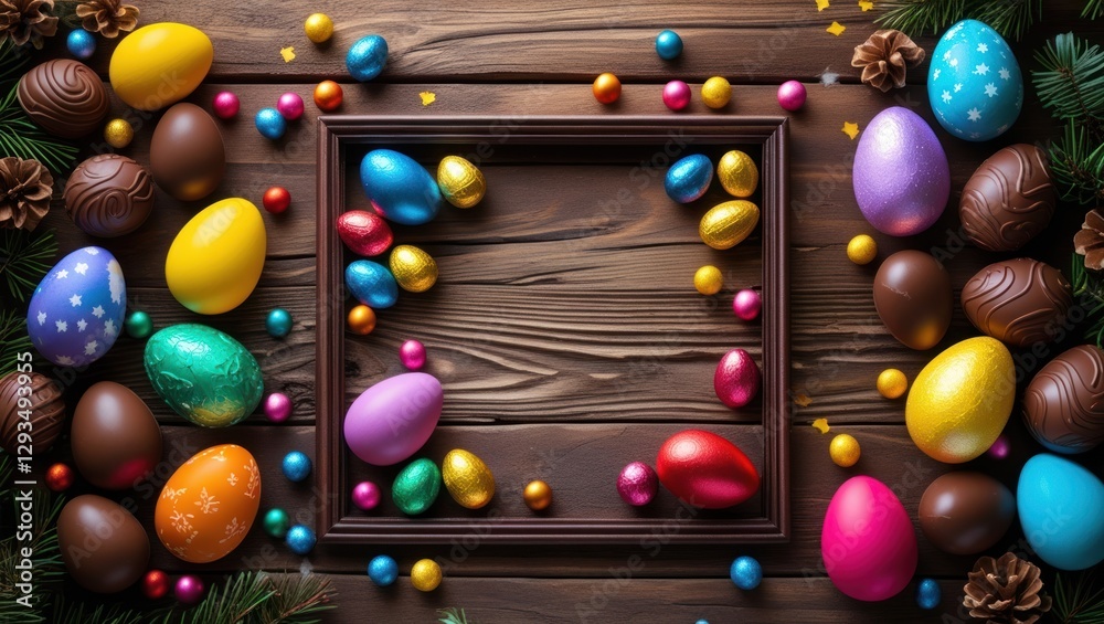 Poster colorful easter egg decoration frame on wooden background with blurred bokeh lights and copy space f