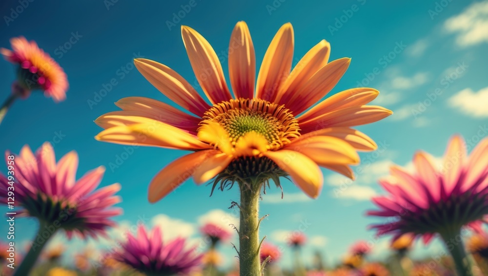 Poster Vibrant Close-Up of Colorful Gerbera Daisies Against a Blue Sky with Fluffy Clouds and Copy Space for Text Usage
