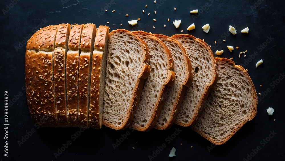 Aufkleber Sliced rye bread arranged on a dark background with scattered seeds showcasing a rustic and appetizing appearance.