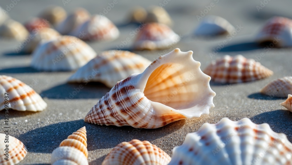 Aufkleber Scattered Seashells on Sandy Beach with Blurred Background and Space for Custom Text or Graphic Overlay