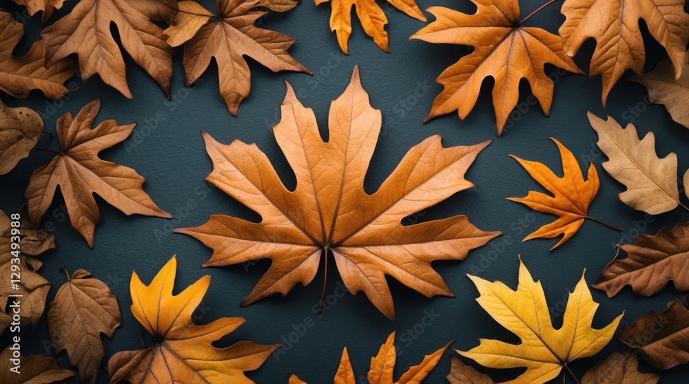 Poster Autumn oak leaves arranged on a surface in warm tones creating a cozy and inviting seasonal background. Perfect for fall-themed designs.