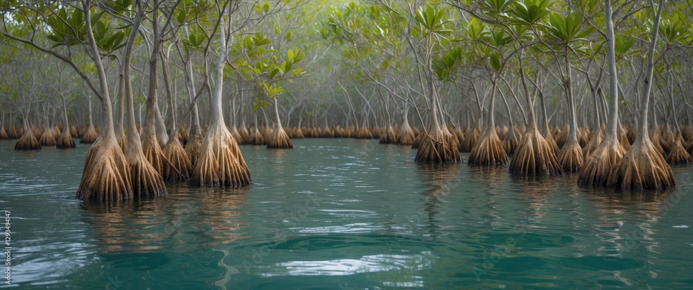 Poster Lush mangrove trees rising from serene waters creating a tranquil natural landscape with ample space for text or branding elements.