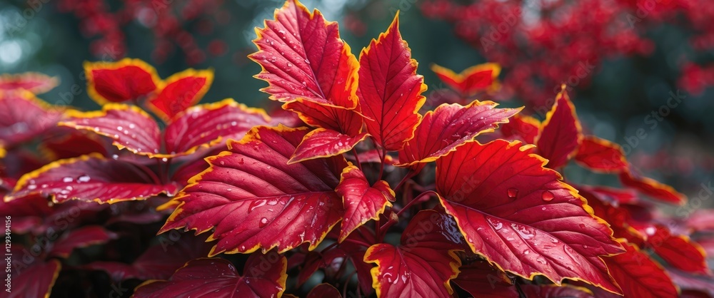 Poster vibrant red leaves with yellow edges on wet foliage showcasing unique textures against a blurred nat