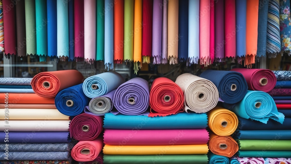 Poster Vibrant fabric rolls arranged in a shopfront display showcasing a variety of colors and textures for textile and fashion enthusiasts.