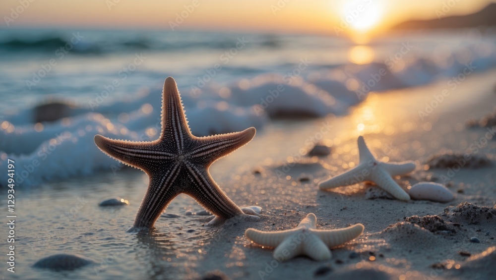 Aufkleber starfish on sandy beach with gentle waves at sunset creating a serene coastal atmosphere perfect for