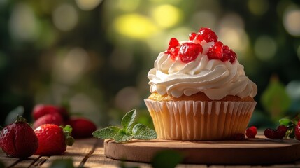Delightful Cupcake with Fresh Raspberries and Whipped Cream Surrounded by Strawberries on Wooden Table Against a Soft Natural Background