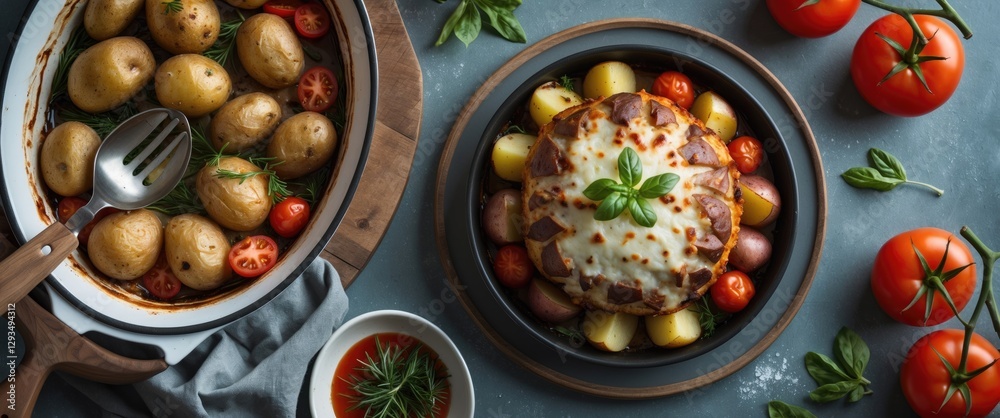 Poster delicious stuffed baked potatoes with melted cheese and fresh tomatoes on a rustic table featuring a