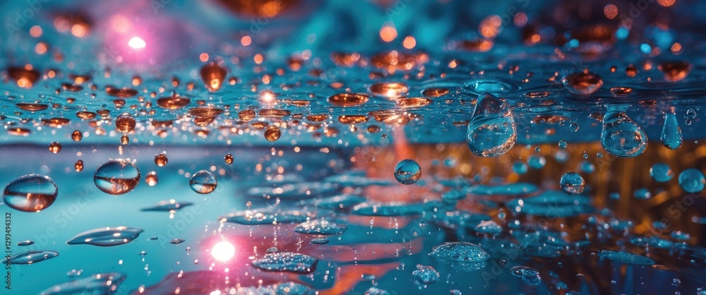 Poster colorful water droplets on wet surface with abstract reflections and light effects creating a captiv