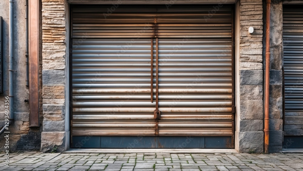 Poster metal shutter door with rustic finish in urban setting showcasing steel texture and architectural de