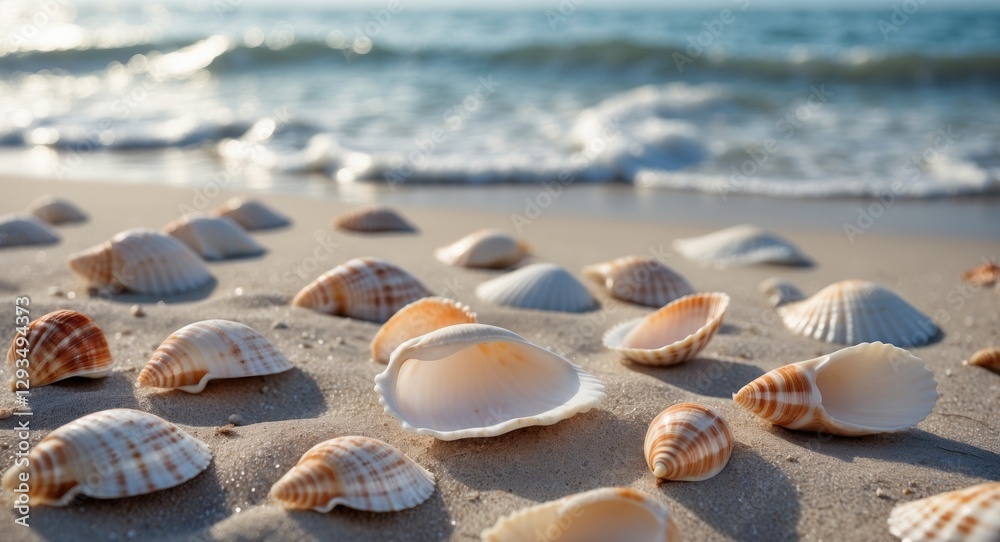 Aufkleber Seashells scattered on a sandy beach with gentle waves in the background creating a serene coastal atmosphere for text placement.