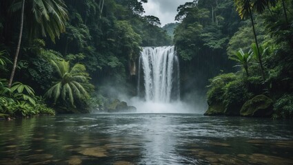 Majestic waterfall cascading through lush green rainforest with mist and tranquil waters, ideal for nature and travel themes.