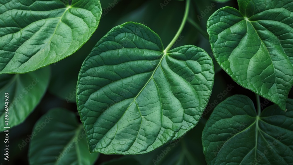 Aufkleber Close-up view of lush green leaves showcasing texture and intricate patterns in natural light. Ideal for nature and botanical themes.