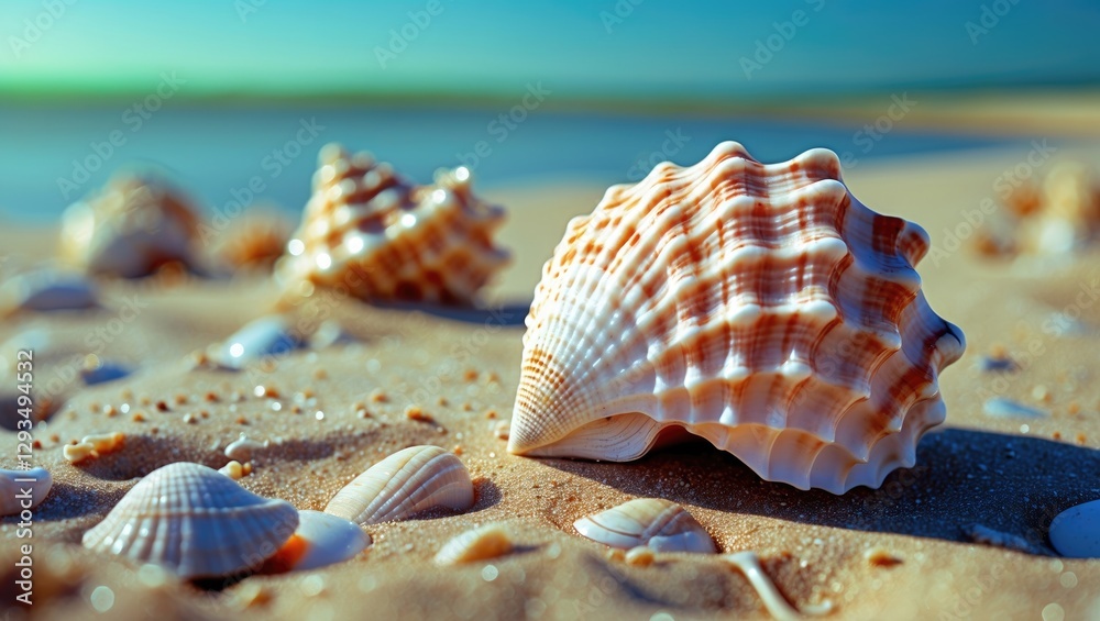 Poster Seashells scattered on a sandy beach with gentle waves in the background under soft sunlight capturing a tranquil coastal scene
