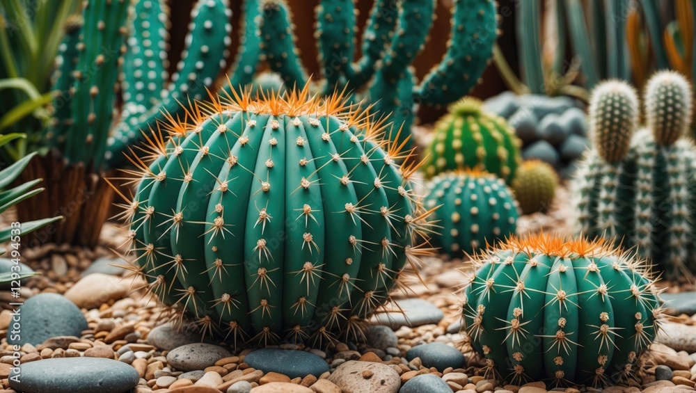 Poster Vibrant Round Cactus Surrounded by Varied Greenery and Pebbles in a Garden Setting with Clear Space for Text Overlay