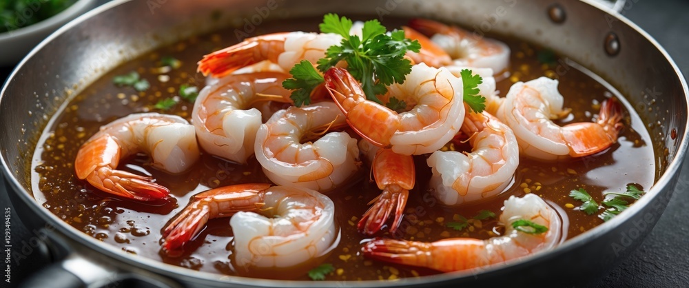 Poster delicious shrimp served in a rich fish sauce with fresh herbs on top against a blurred background fo