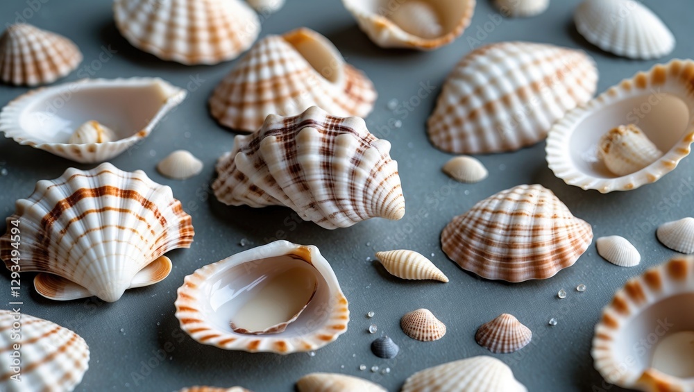 Poster colorful sea shells arranged aesthetically on gray background with space for text decoration and coa