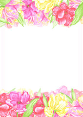 Hand drawn watercolor tulips with green leaves postcard frame border. Illustration of flowers isolated on white background. Can be used for postcard, invitation, book cover and other printed products.