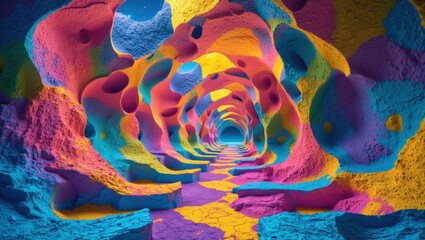 Obraz premium Vibrant color tunnel abstract background with dynamic patterns and textures creating a whimsical and imaginative visual experience.