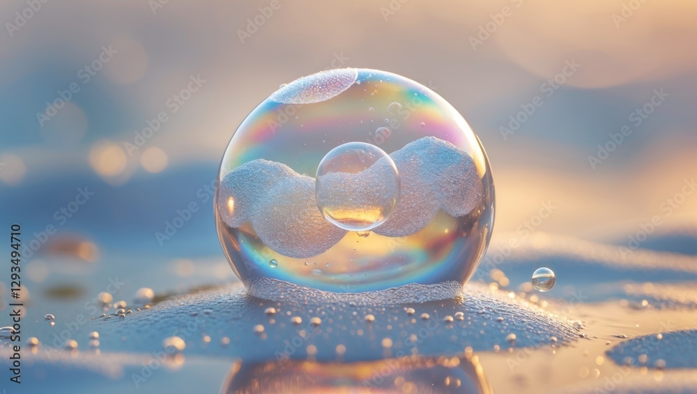 Aufkleber Vibrant single soap bubble resting on a surface with a soft background of colors and textures reflecting light and bubbles.