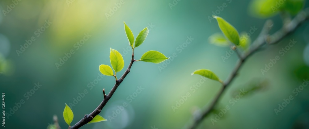 Poster vibrant green twig with fresh leaves in selective focus against a dreamy blurred background ideal fo