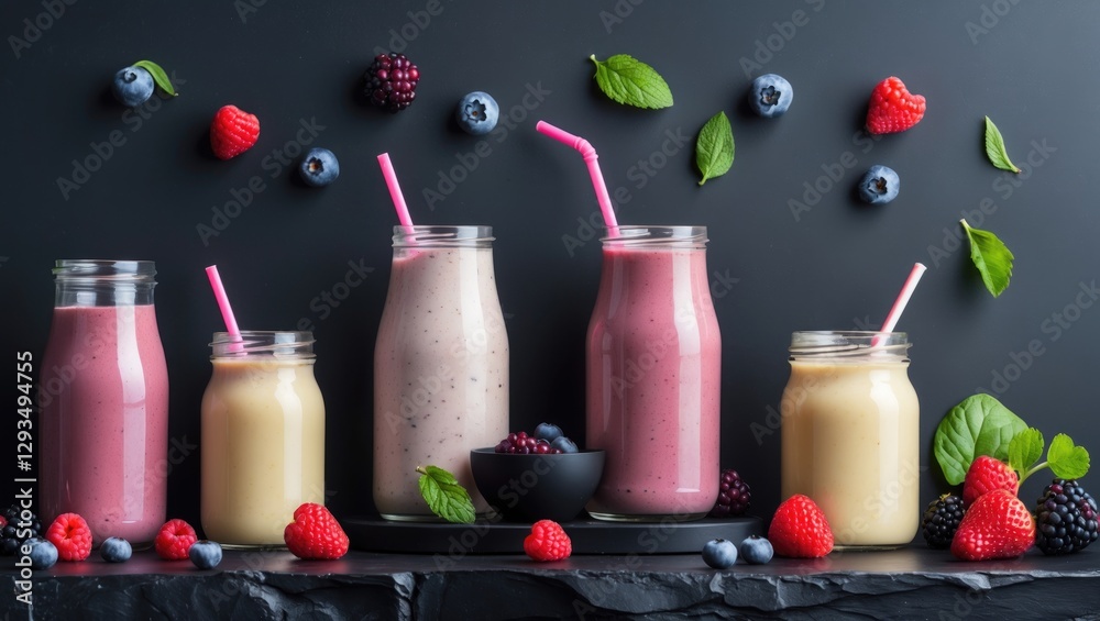 Poster Assorted Smoothies in Jars with Fresh Berries on a Dark Background Healthy Vegan Diet Refreshing Beverage Concept with Copy Space