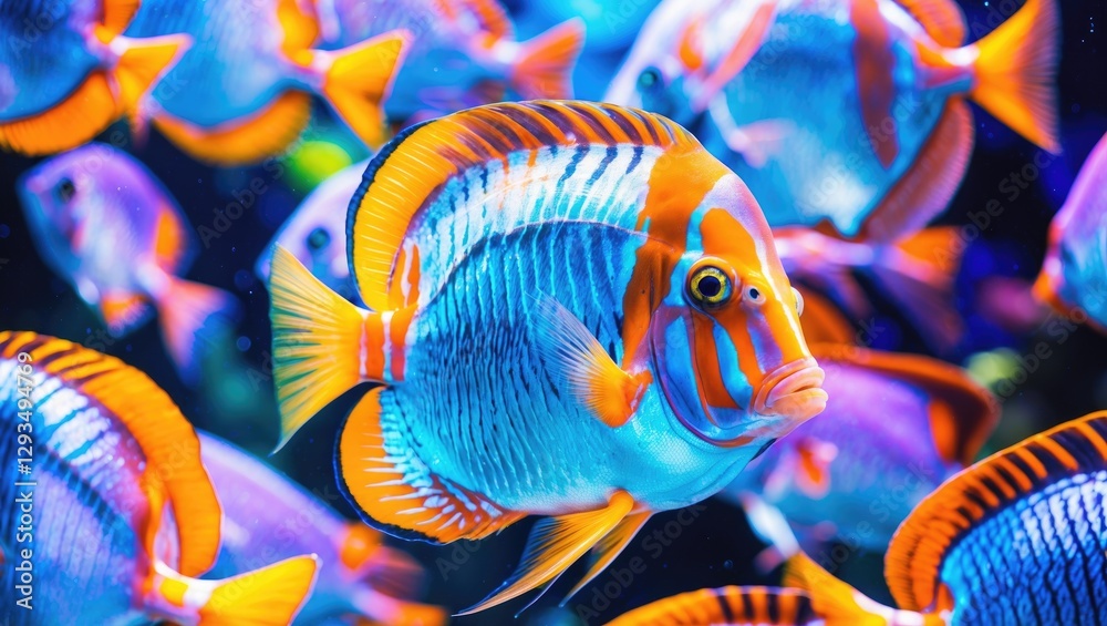 Aufkleber Vibrant Shoal of Tropical Fish with Colorful Patterns and Clear Copy Space for Text Overlay in Underwater Environment