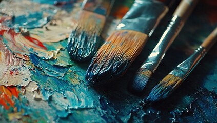 Fototapeta premium Close-up of Paintbrushes on a Colorful Palette