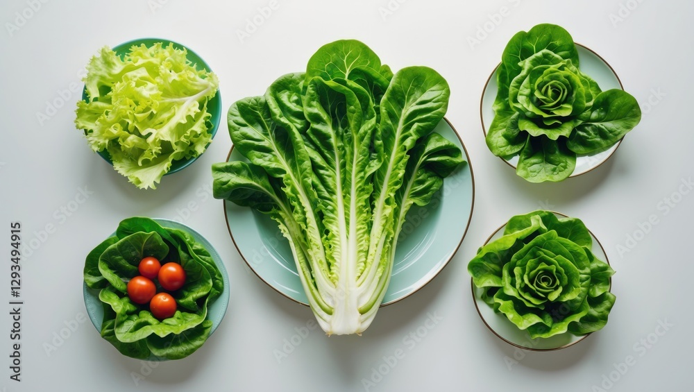Aufkleber fresh green lettuce salad arrangement on white background with cherry tomatoes in bowls and empty sp