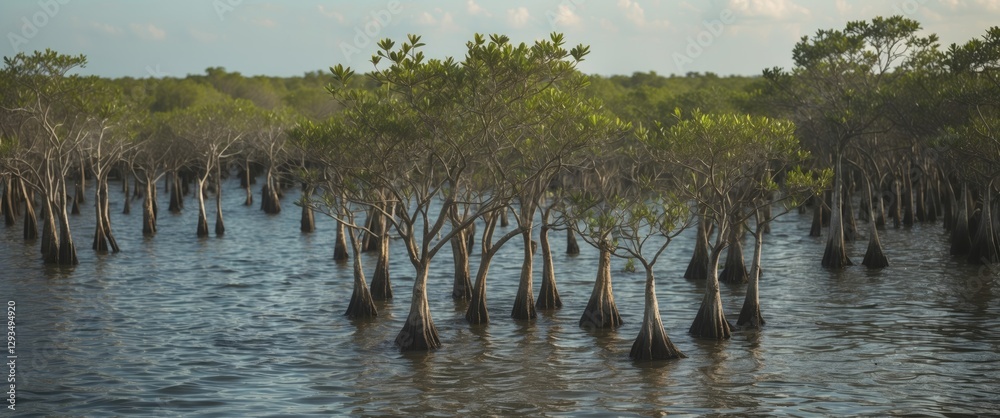 Poster Serene Mangrove Forest Reflected in Water with Ample Space for Text or Ad Copy