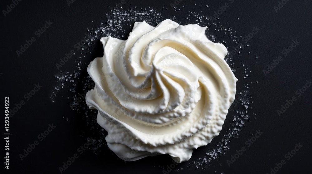 Poster whipped cream swirl on black background with fine texture detail top view for culinary and dessert p