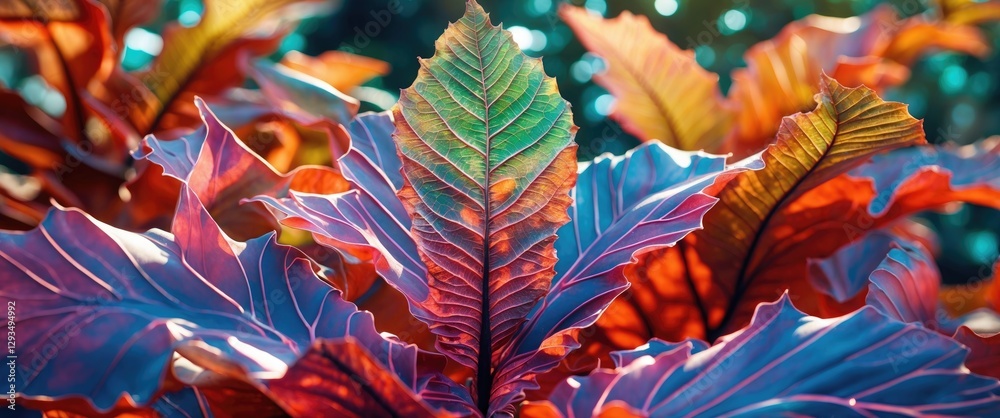 Aufkleber Vibrant close-up of colorful skeleton leaves with intricate patterns and textures in a softly blurred natural background.