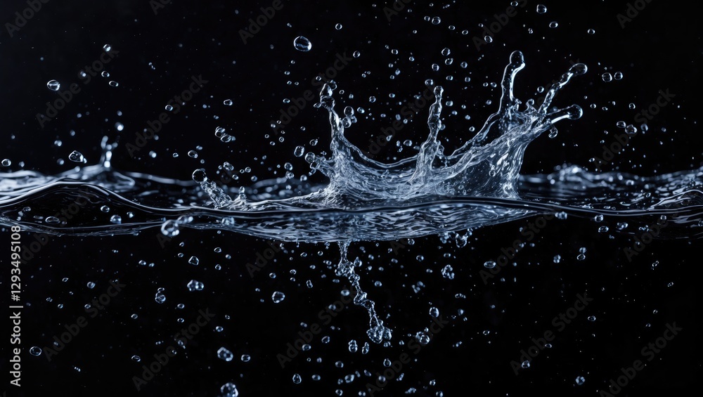 Poster dynamic water splash creating intricate droplets against a dark background highlighting texture and 