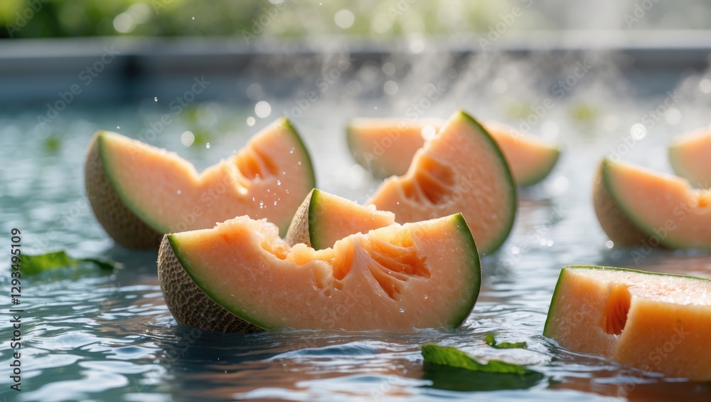 Aufkleber Sliced Cantaloupe Chunks Floating in Refreshing Water with Mint Leaves and Copy Space for Text in a Bright Atmosphere