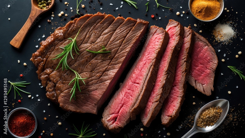 Poster sliced rare striploin beef steak on black background with fresh spices and herbs top view culinary p