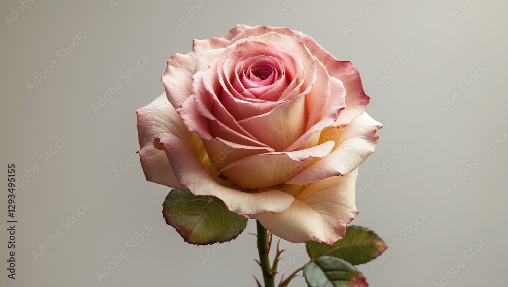 Poster elegant pink rose with layered petals and subtle gradient in color, showcased against a soft neutral
